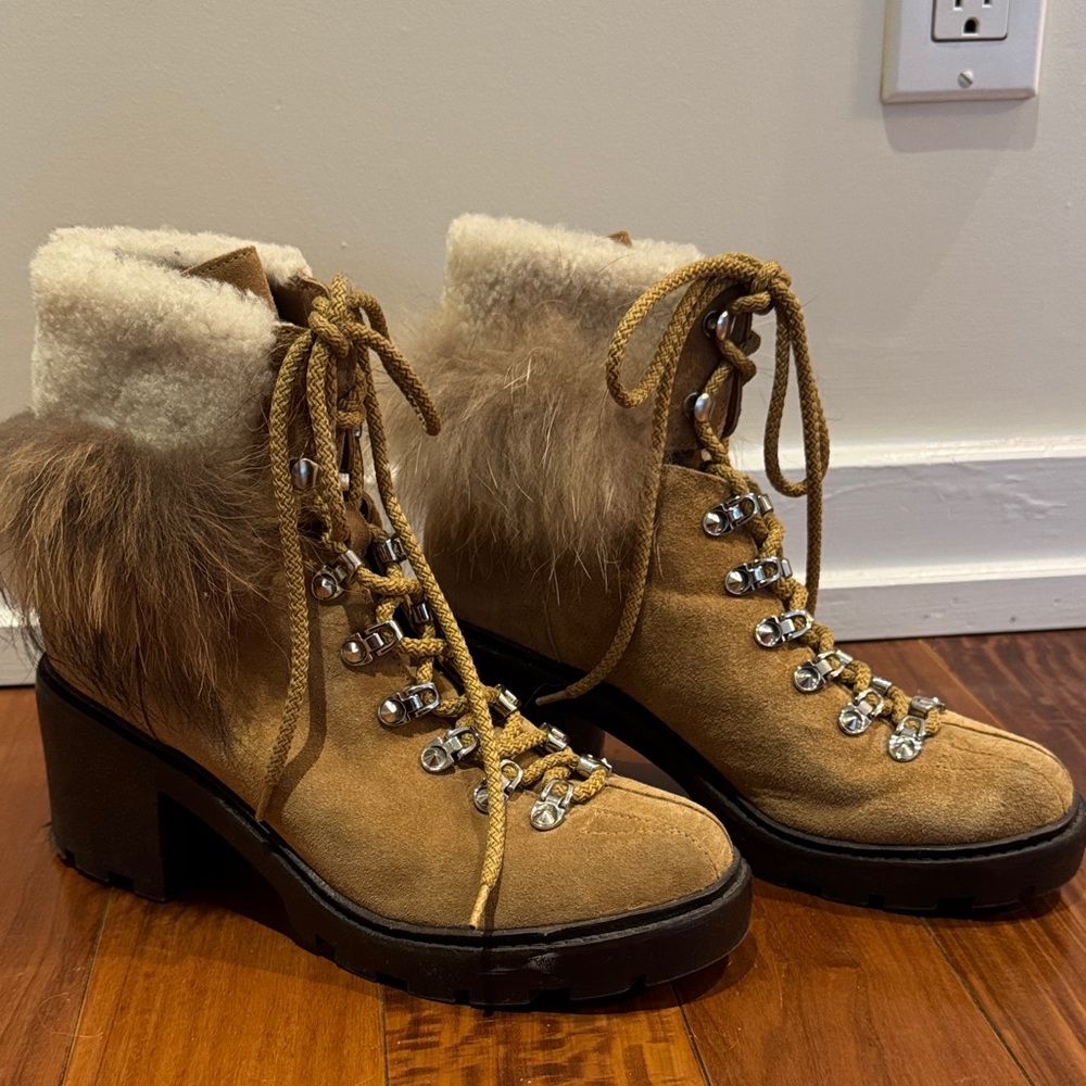 Sigerson Morrison Tan Suede Lace-Up Fur-Trim Block Heel Boots